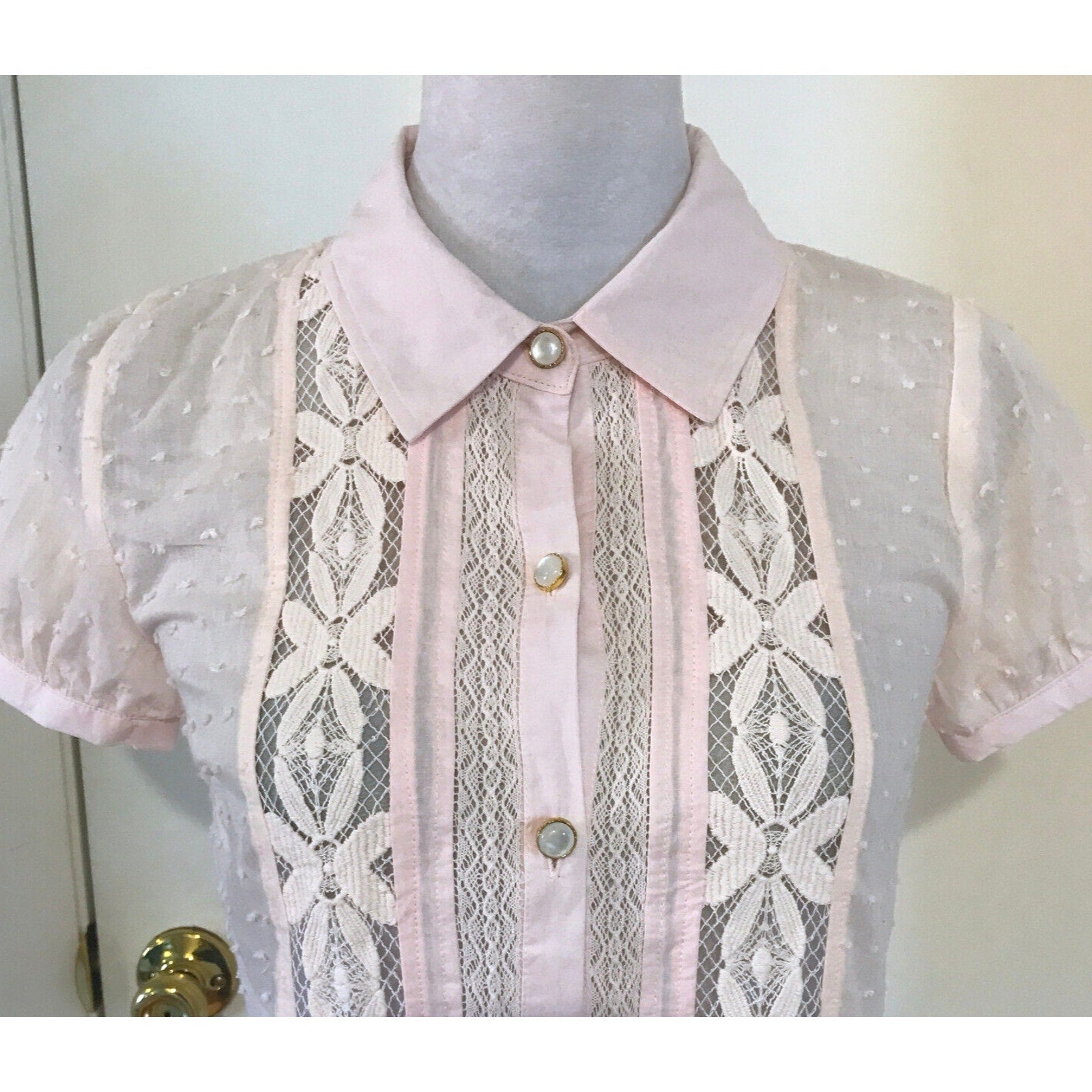 Whimsigoth Victorian Lolita Steampunk Pink Cotton Floral Lace Shirt S