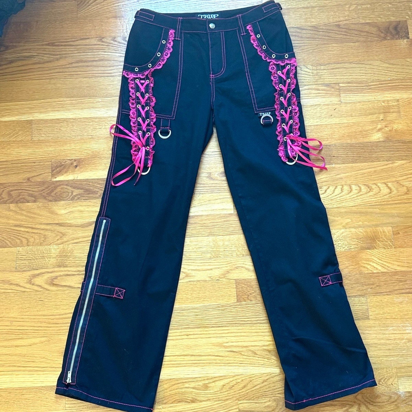 Tripp NYC Gothic Lolita Punk Emo Black Pants w/ Pink Lace Ruffles 29/9