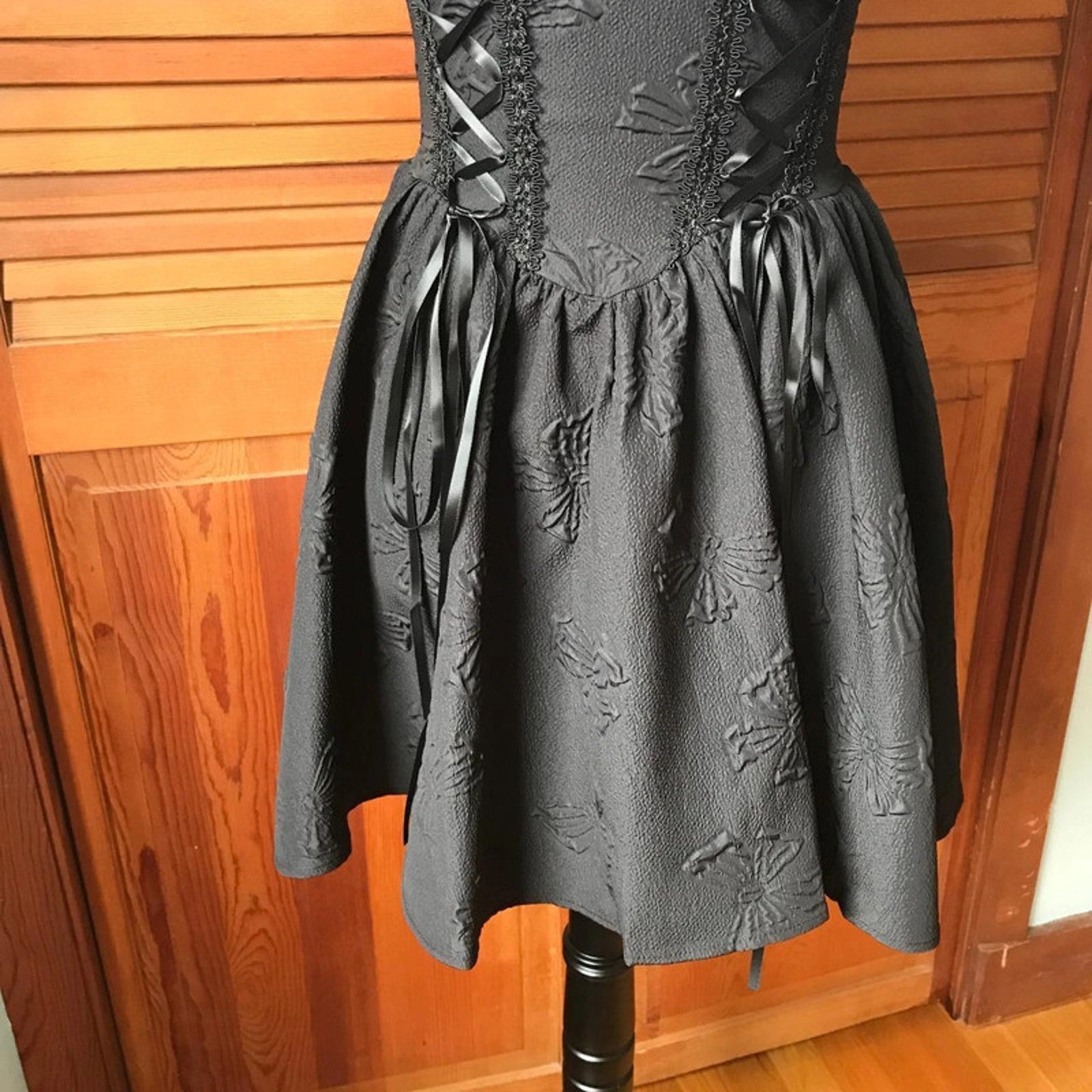 Gothic Lolita Victorian Black Textured Lace-up Panel Mini Dress S