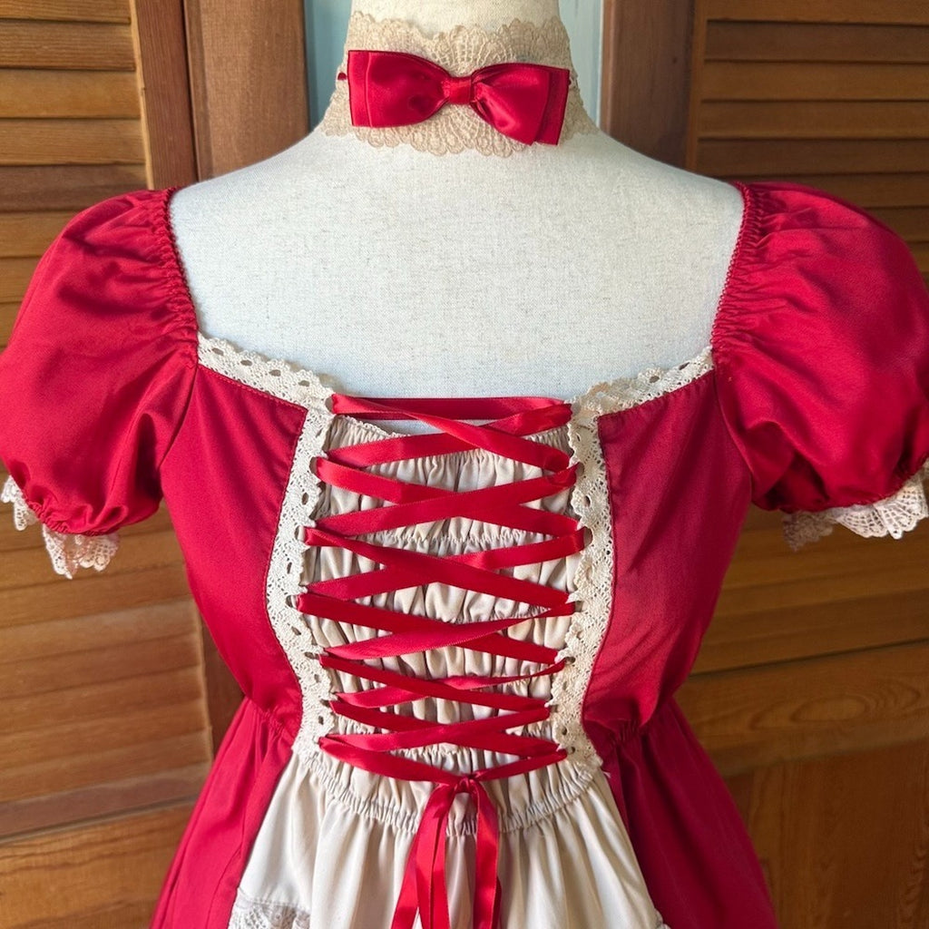 Bodyline ELG Lolita Kawaii Dollcore Red Beige Transformer Lace-Up Dress M