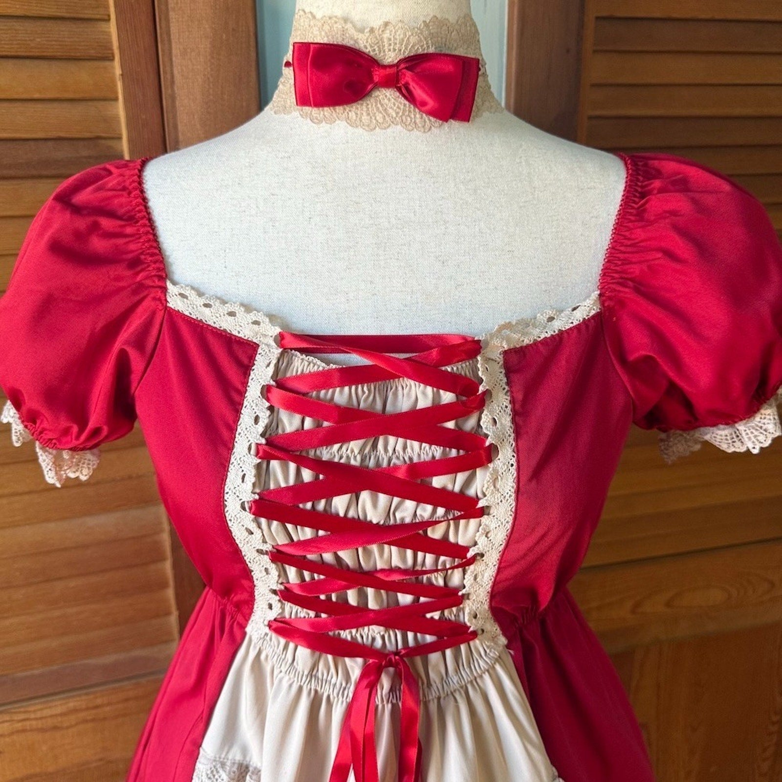 Bodyline ELG Lolita Kawaii Dollcore Red Beige Transformer Lace-Up Dress M