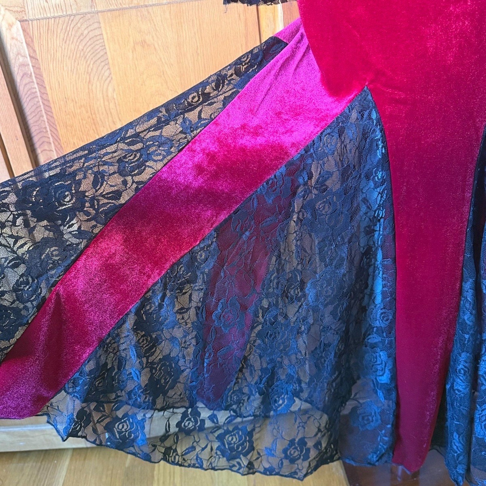 Gothic Victorian Vampire Blood Flowers Red Velvet & Black Lace Gown Dress