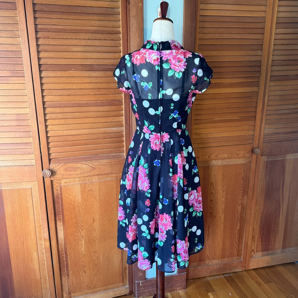 Hell Bunny Black Pink Rose Dark Cottage Retro Romantic Feminine Dress XS