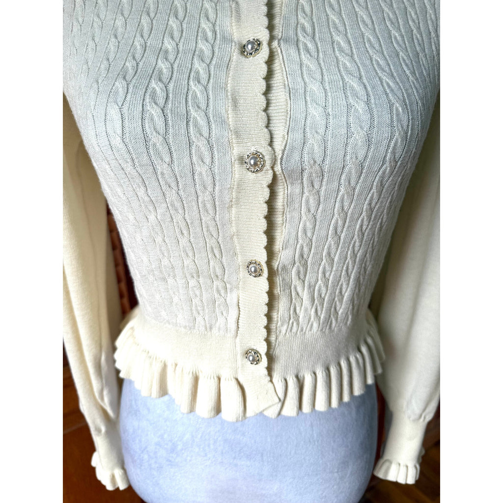 J-Fashion Axes Femme Kawaii Cottage Ivory Textured Bow Sleeve Cardigan Sweater M