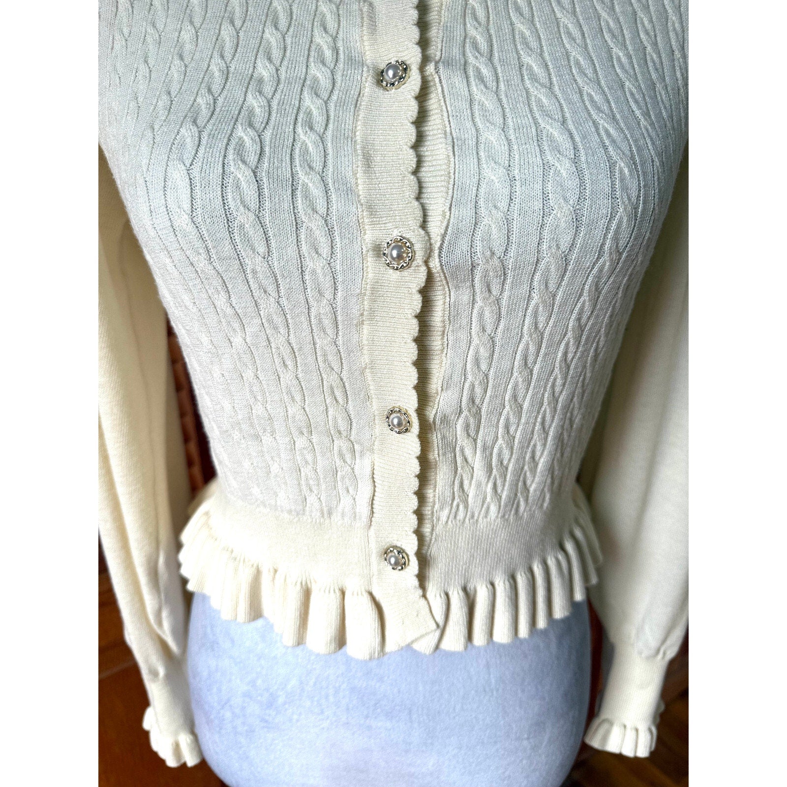 Axes Femme Jfashion Kawaii Cottage Ivory Textured Bow Sleeve Cardigan Sweater M