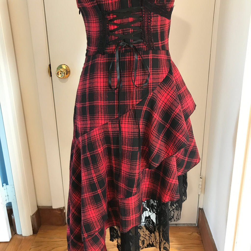 Punk Goth Visual Kei Red & Black Plaid Tartan Asymmetrical Hem Dress S