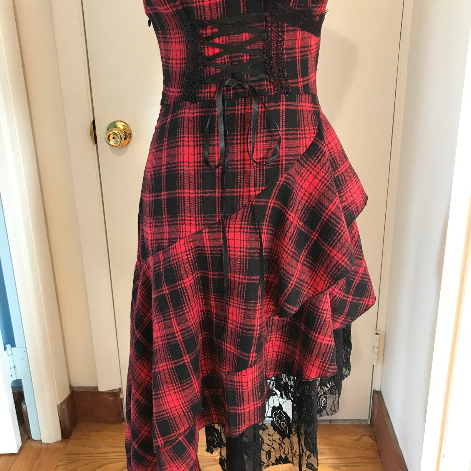Punk Goth Visual Kei Red & Black Plaid Tartan Asymmetrical Hem Dress S