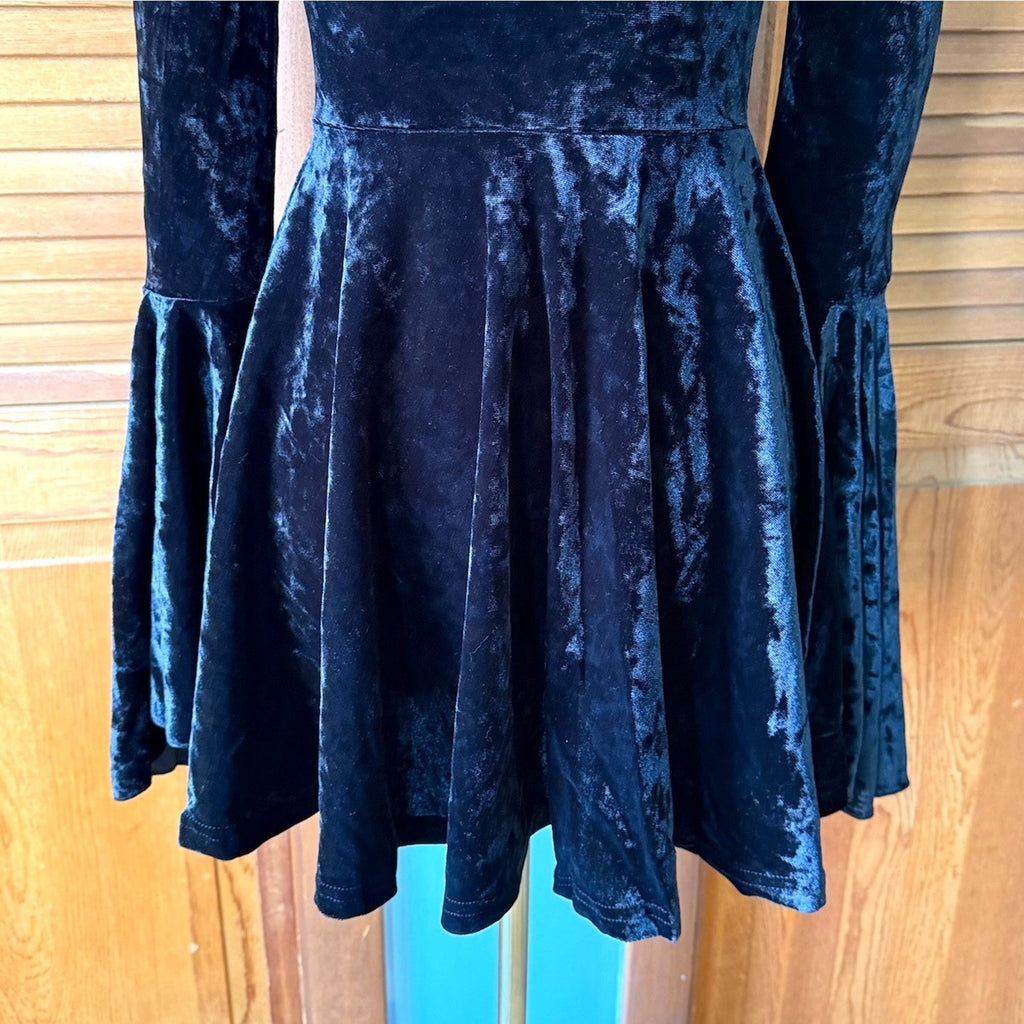 Doll Kill Gothic Dark Fairycore Black Velvet Tie Shoulder Mini Dress