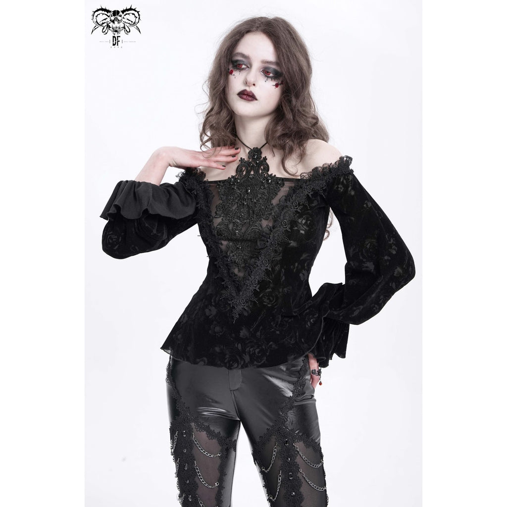 Devil Fashion Gothic Victorian Vampire Black Velvet Rose & Lace Beaded Top