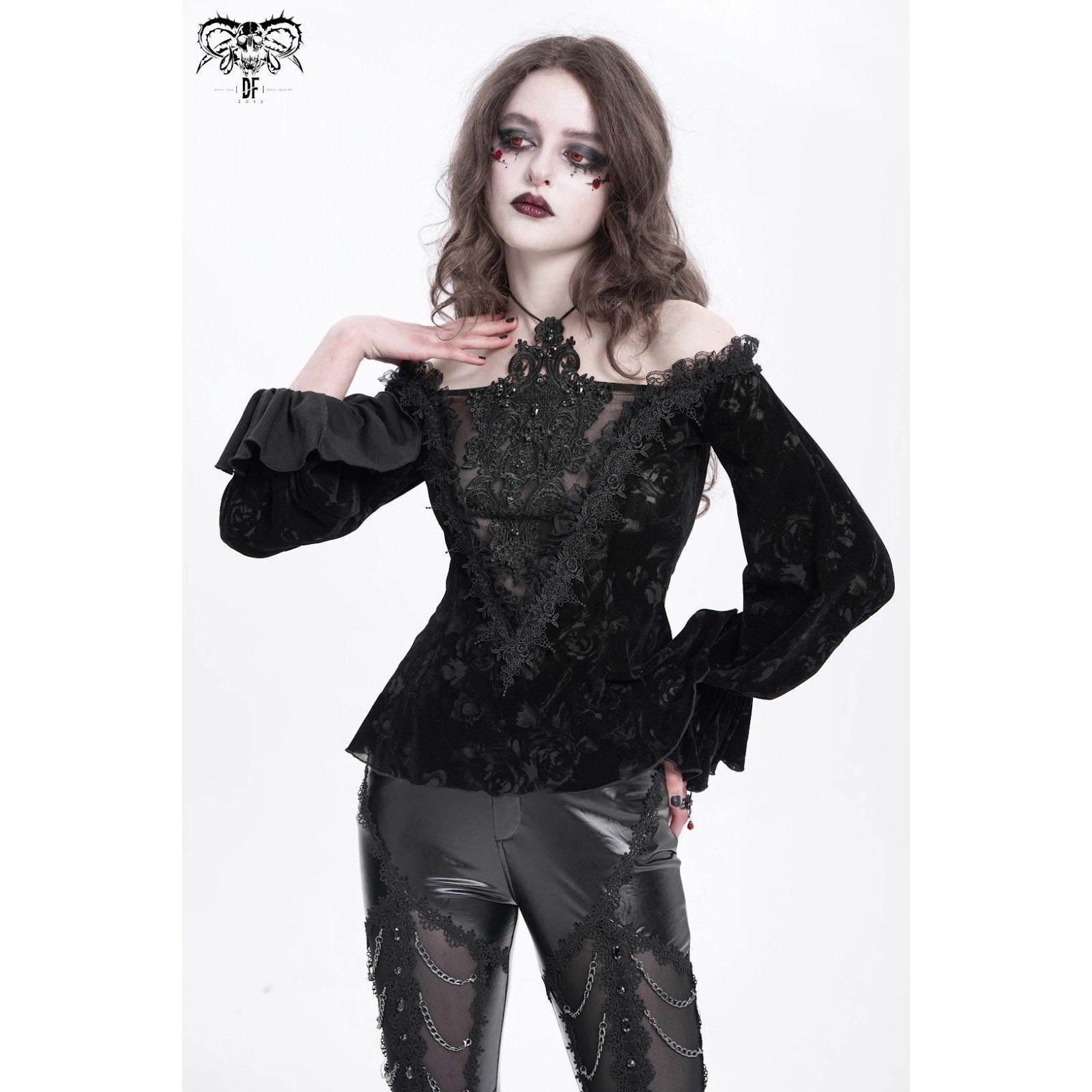 Devil Fashion Gothic Victorian Vampire Black Velvet Rose & Lace Beaded Top