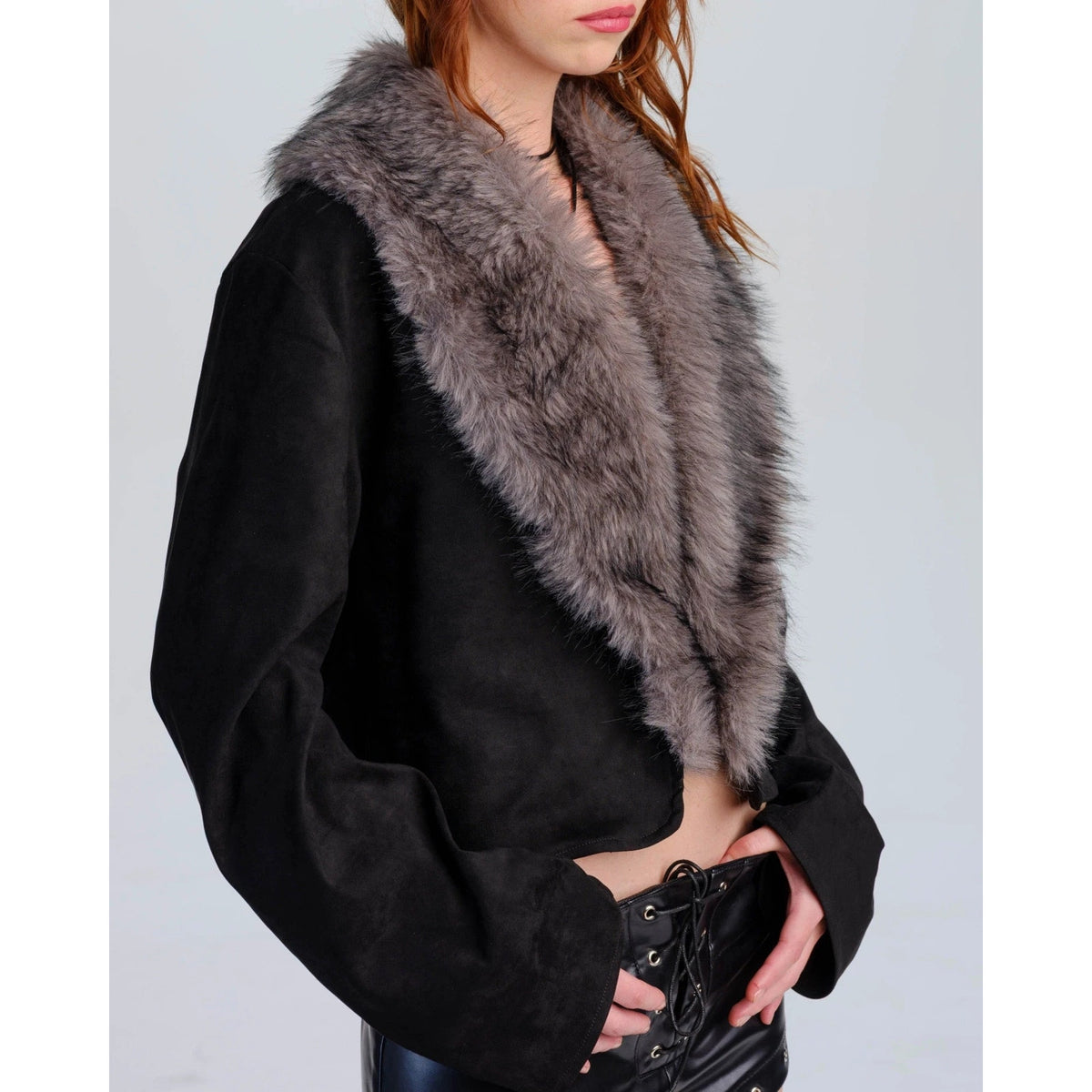Goth Punk Vampire Werewolf Unleashed Black Gray Faux Fur Collar Fall Jacket