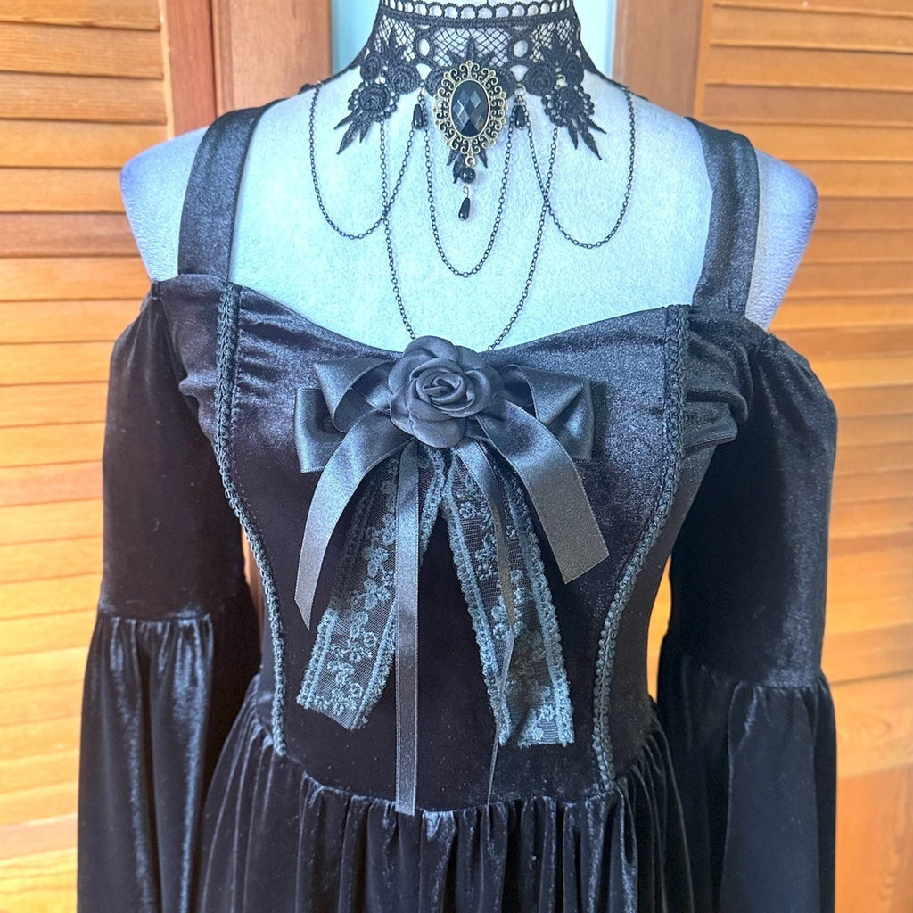 Gothic Victorian Black Out Velvet Morticia Belle Sleeve Rose Y2K Dress