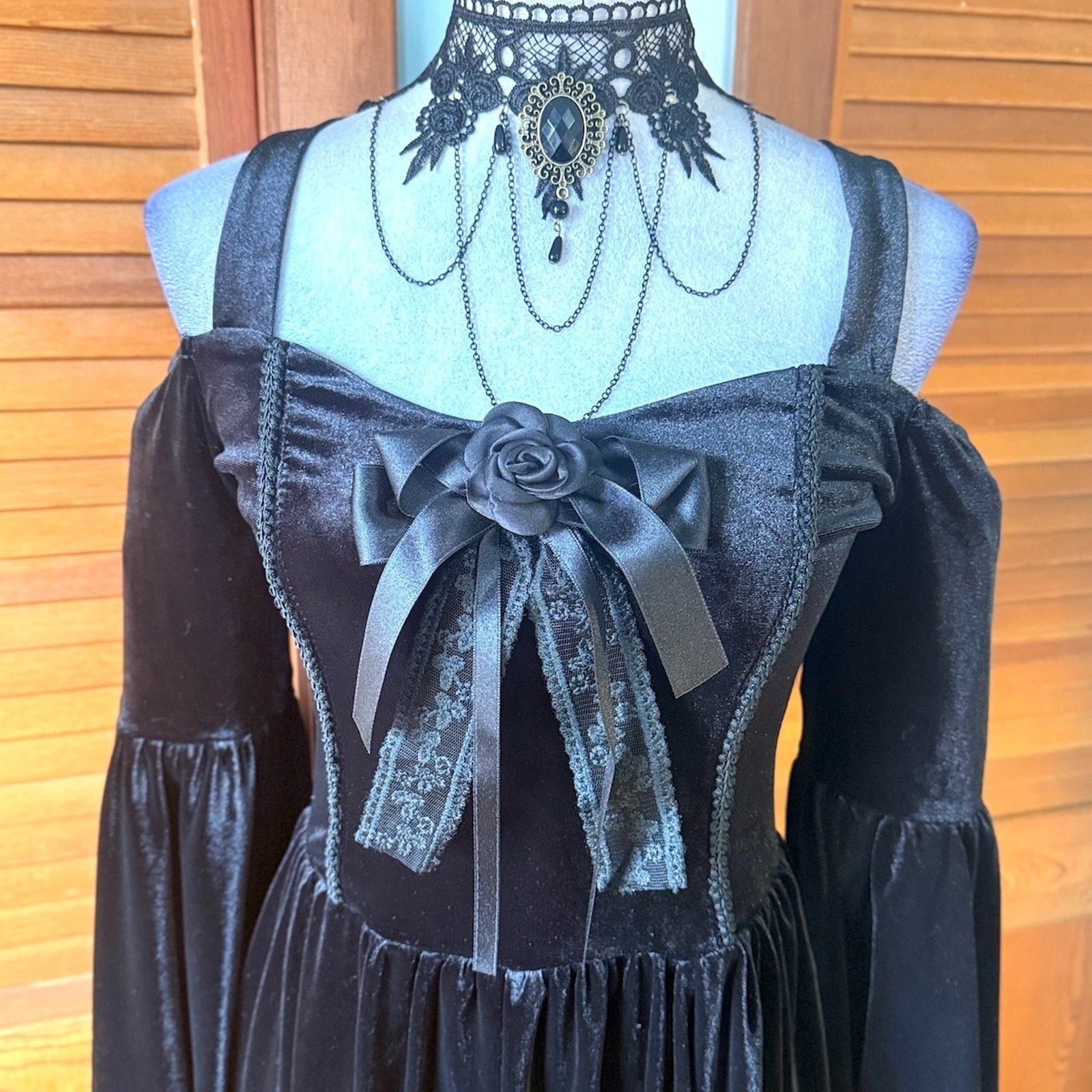 Gothic Victorian Black Out Velvet Morticia Belle Sleeve Rose Y2K Dress