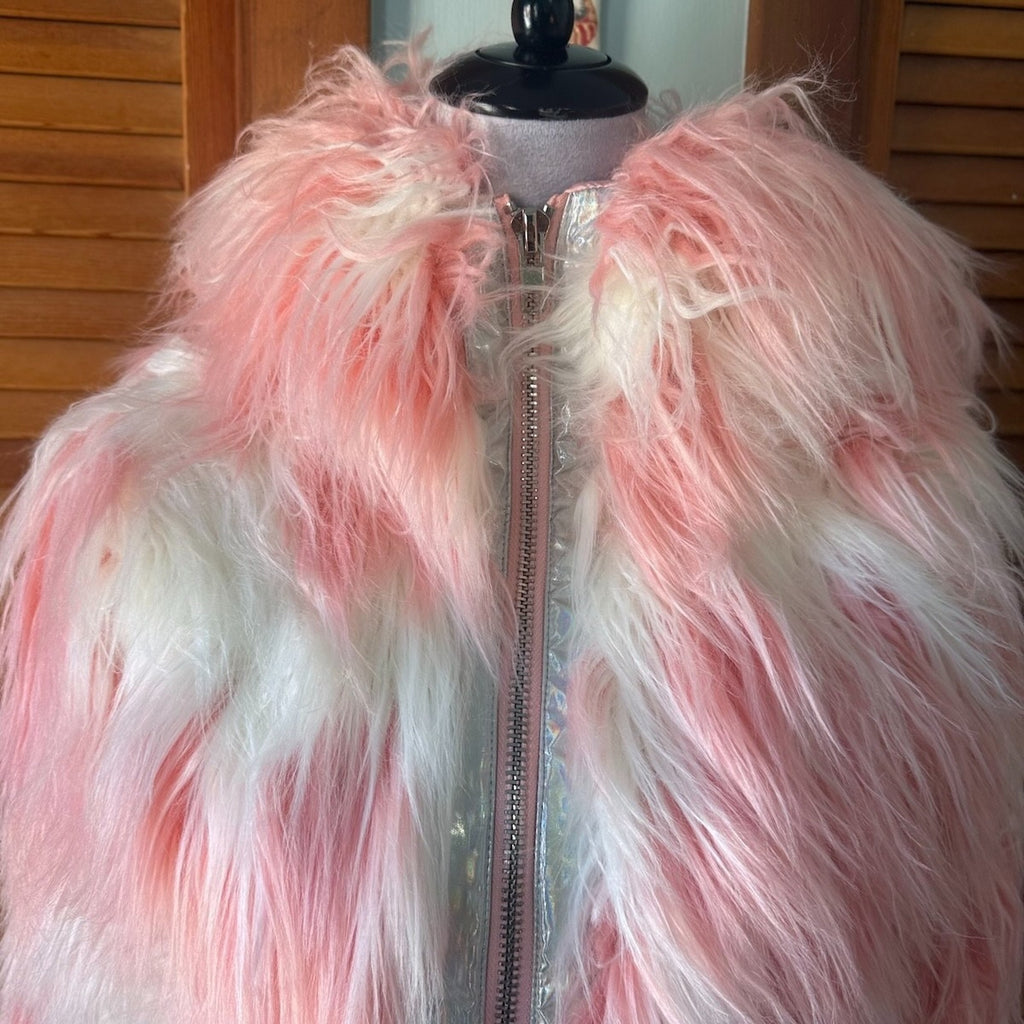 Vintage Lip Service 24 Hours Cyber Goth Punk Y2K Pink White Faux Fur Jacket XS