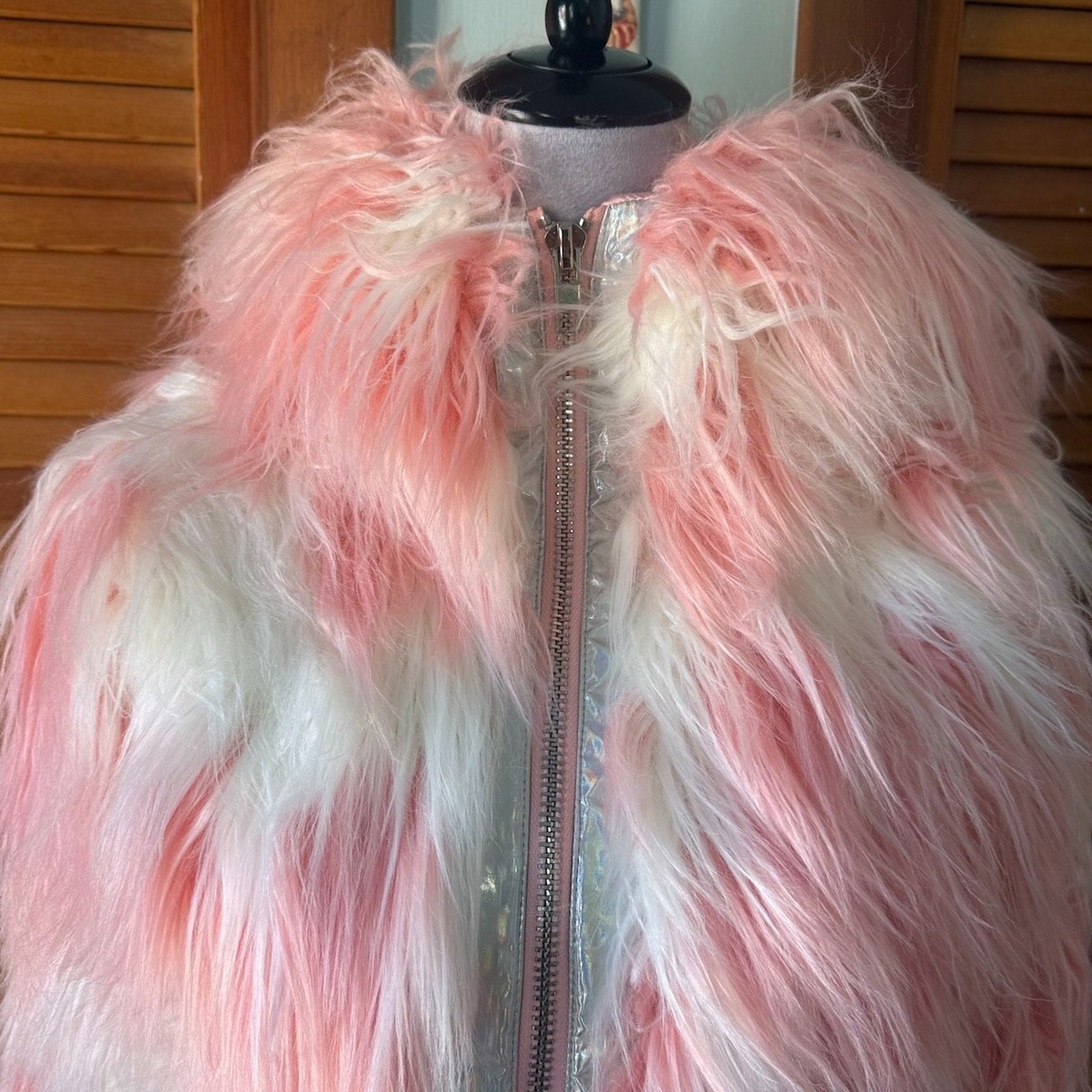Vintage Lip Service 24 Hours Cyber Goth Punk Y2K Pink White Faux Fur Jacket XS