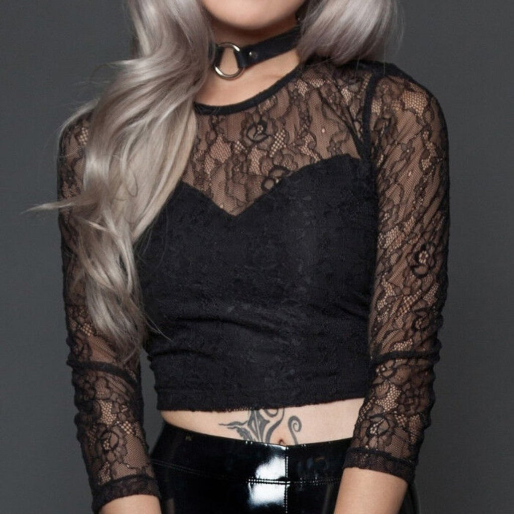 Lip Service Gothic Steampunk Victorian Black Celebration Stretch Lace 3/4 Top