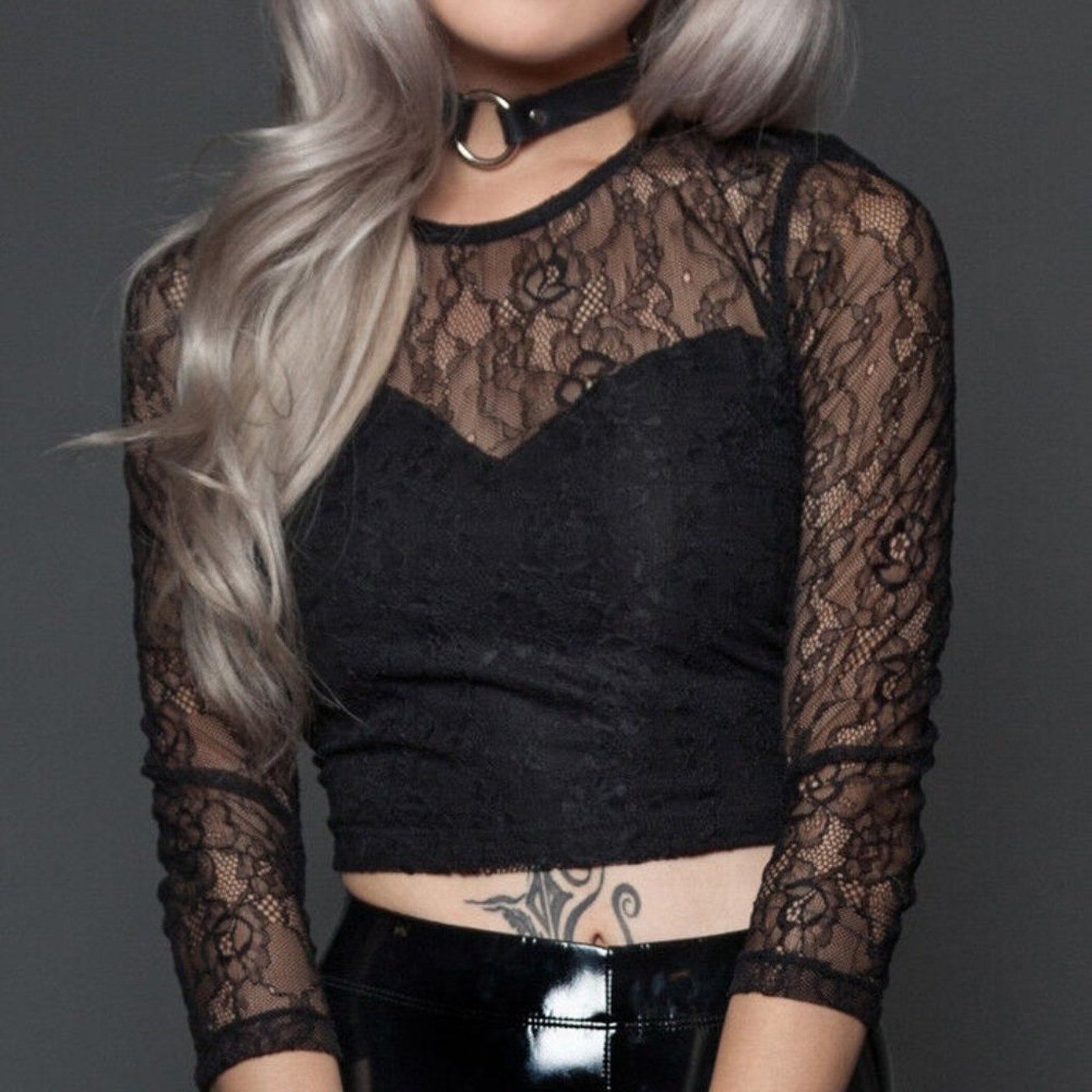 Lip Service Gothic Steampunk Victorian Black Celebration Stretch Lace 3/4 Top