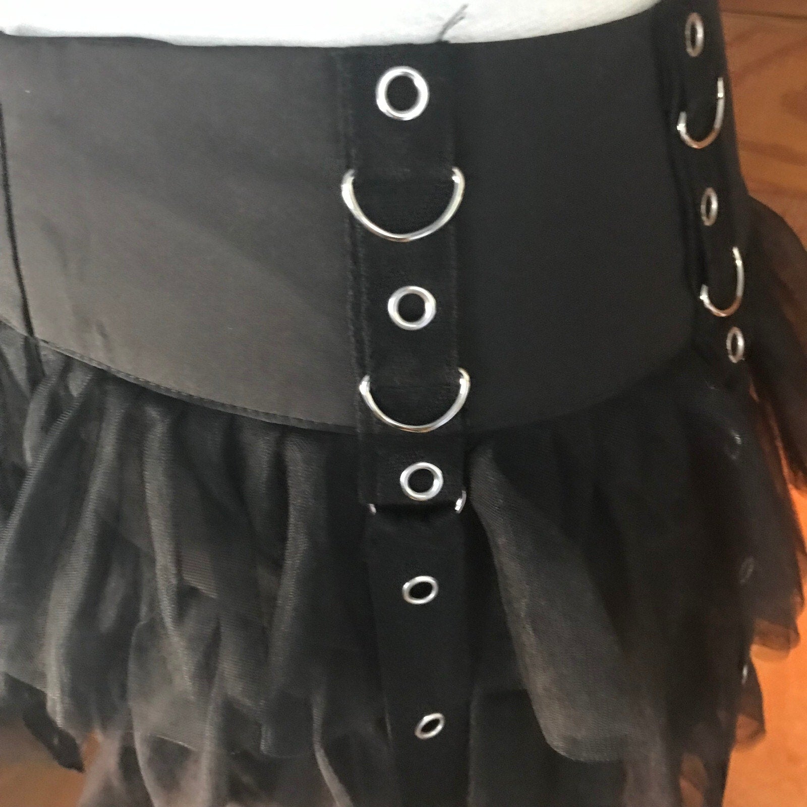 Goth Punk Visual Kei Black Buckle & Strap Ruffle Mini Skirt S