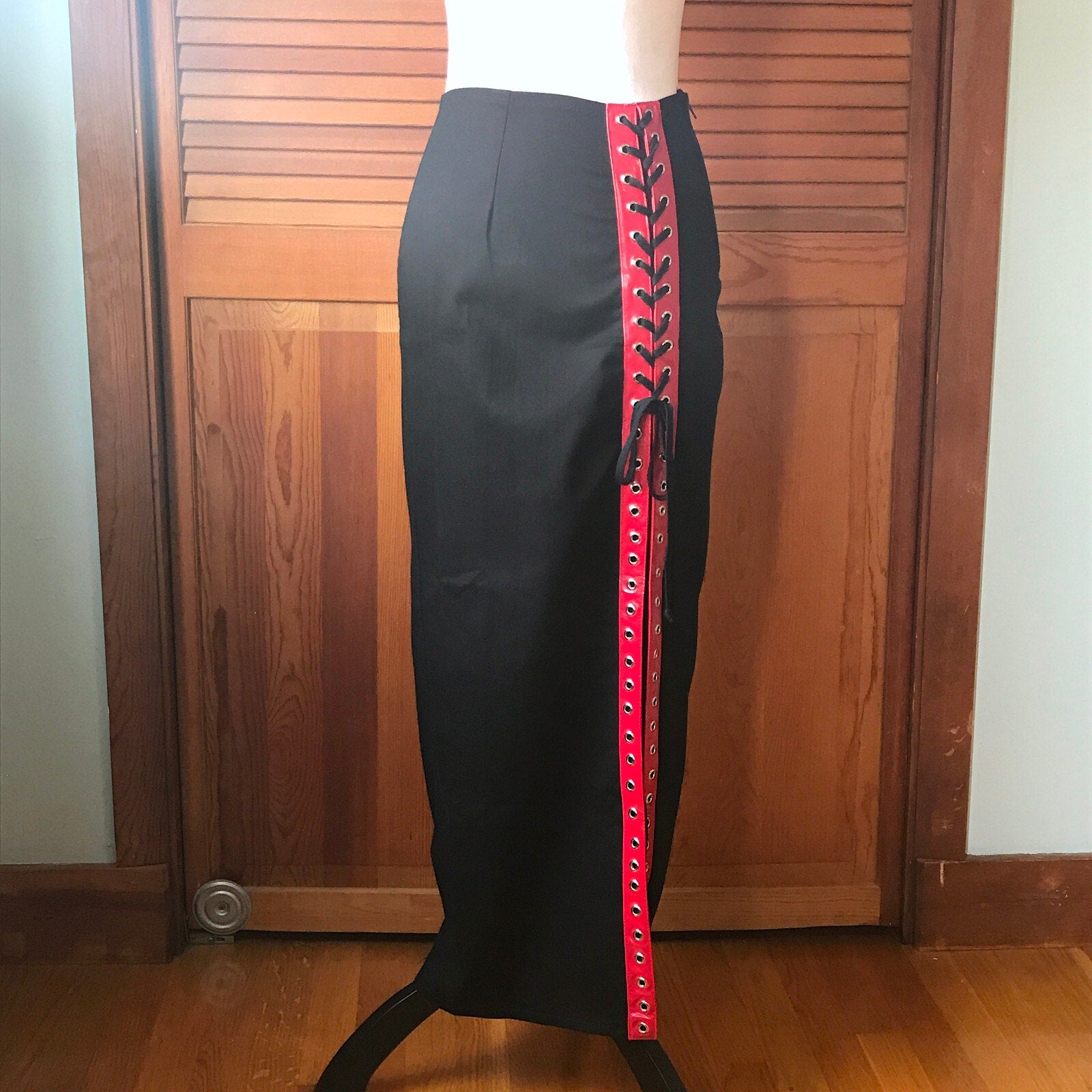 Phaze UK Punk Goth Black Cotton Red Vinyl Lacing Long Skirt