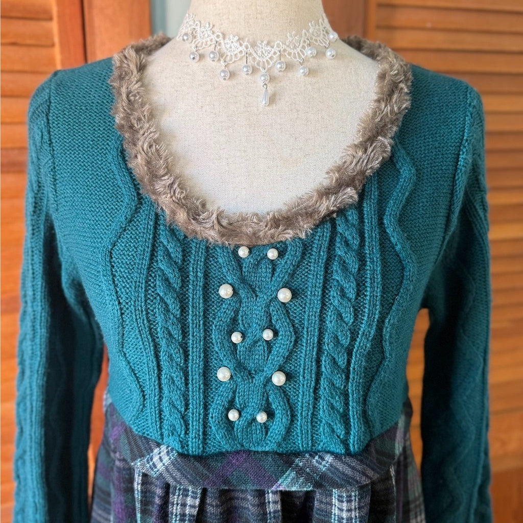 J-fashion Axes Femme Gyaru Kawaii Turquoise Fur Trimmed Sweater Dress M