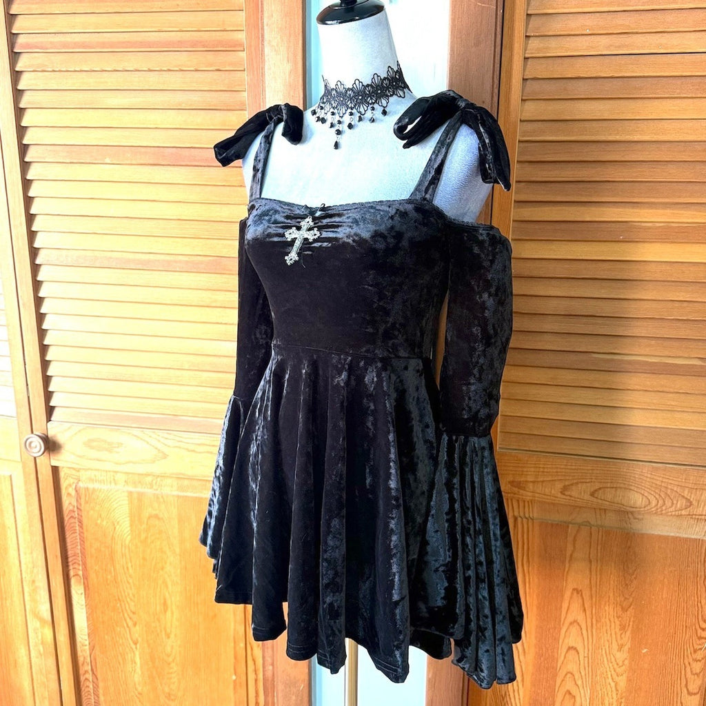 Doll Kill Gothic Dark Fairycore Black Velvet Tie Shoulder Mini Dress