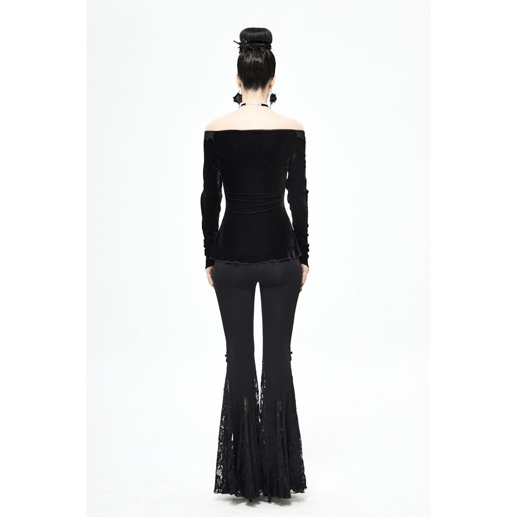 Devil Fashion Gothic Victorian Black Velvet Rose Diva Long Sleeve Top