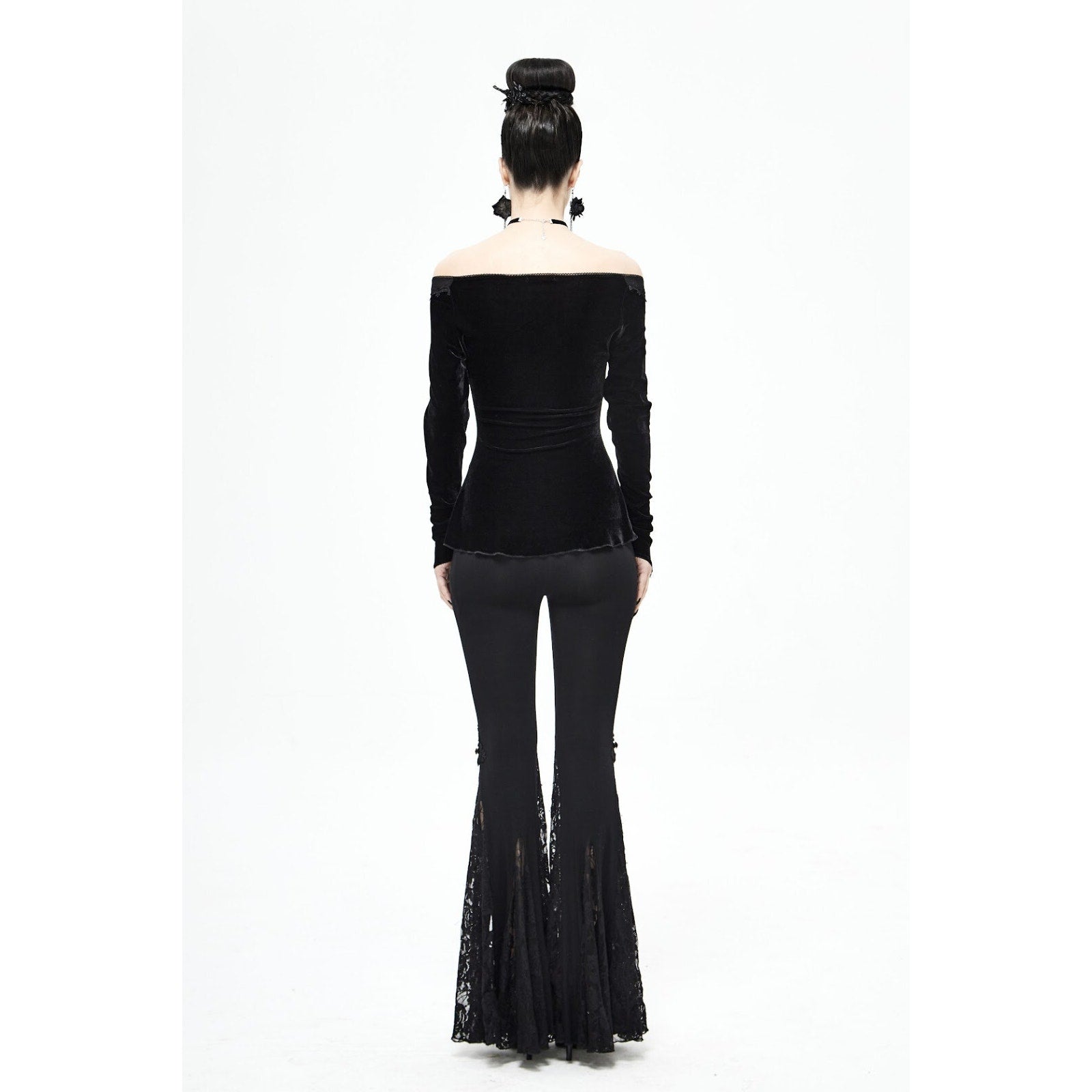 Devil Fashion Gothic Victorian Black Velvet Rose Diva Long Sleeve Top