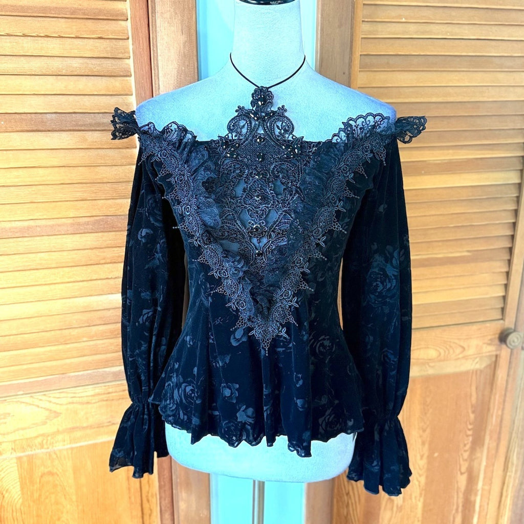 Devil Fashion Gothic Victorian Vampire Black Velvet Rose & Lace Beaded Top