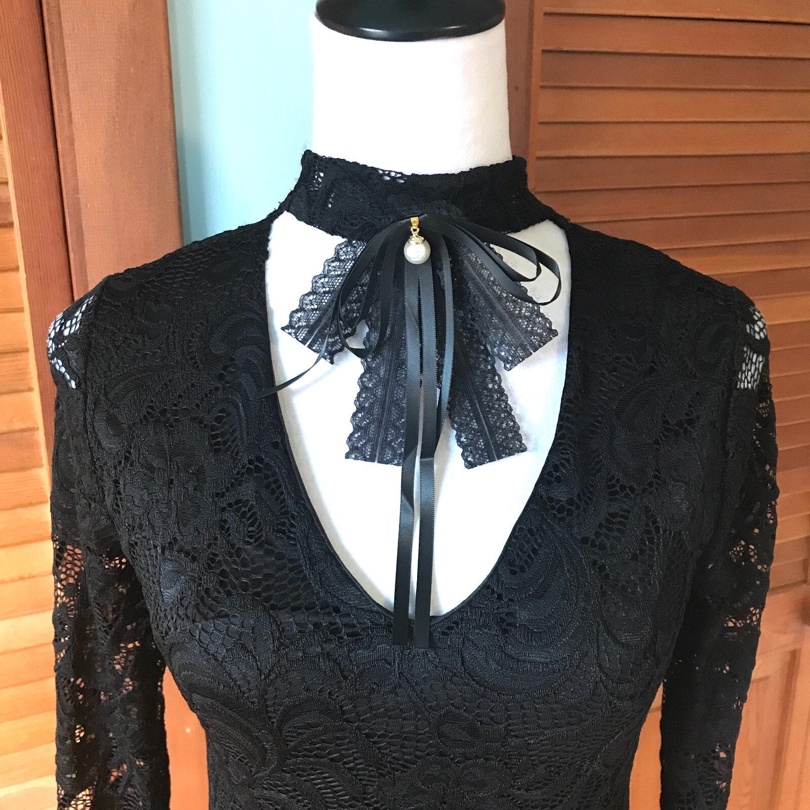 Gothic Victorian Black Lace Revamped Mini Dress w/ Cincher Belt S