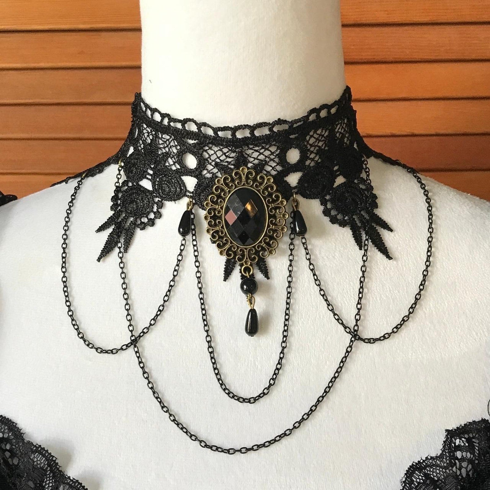 Gothic Victorian Vampire Whimsigoth Vkei Black Lace & Chains Choker Necklace