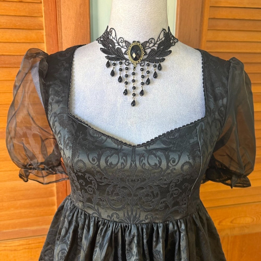 Dolls Kill Gothic Lolita Victorian Dark Bidding Black Brocade Mini Dress