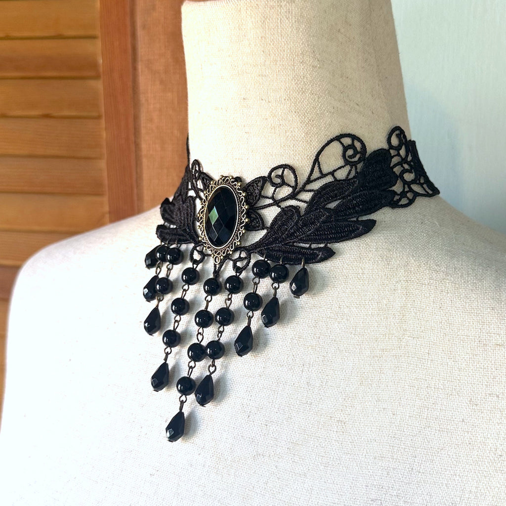 Gothic Victorian Vampire Whimsigoth Vkei Black Lace Teardrop Choker Necklace