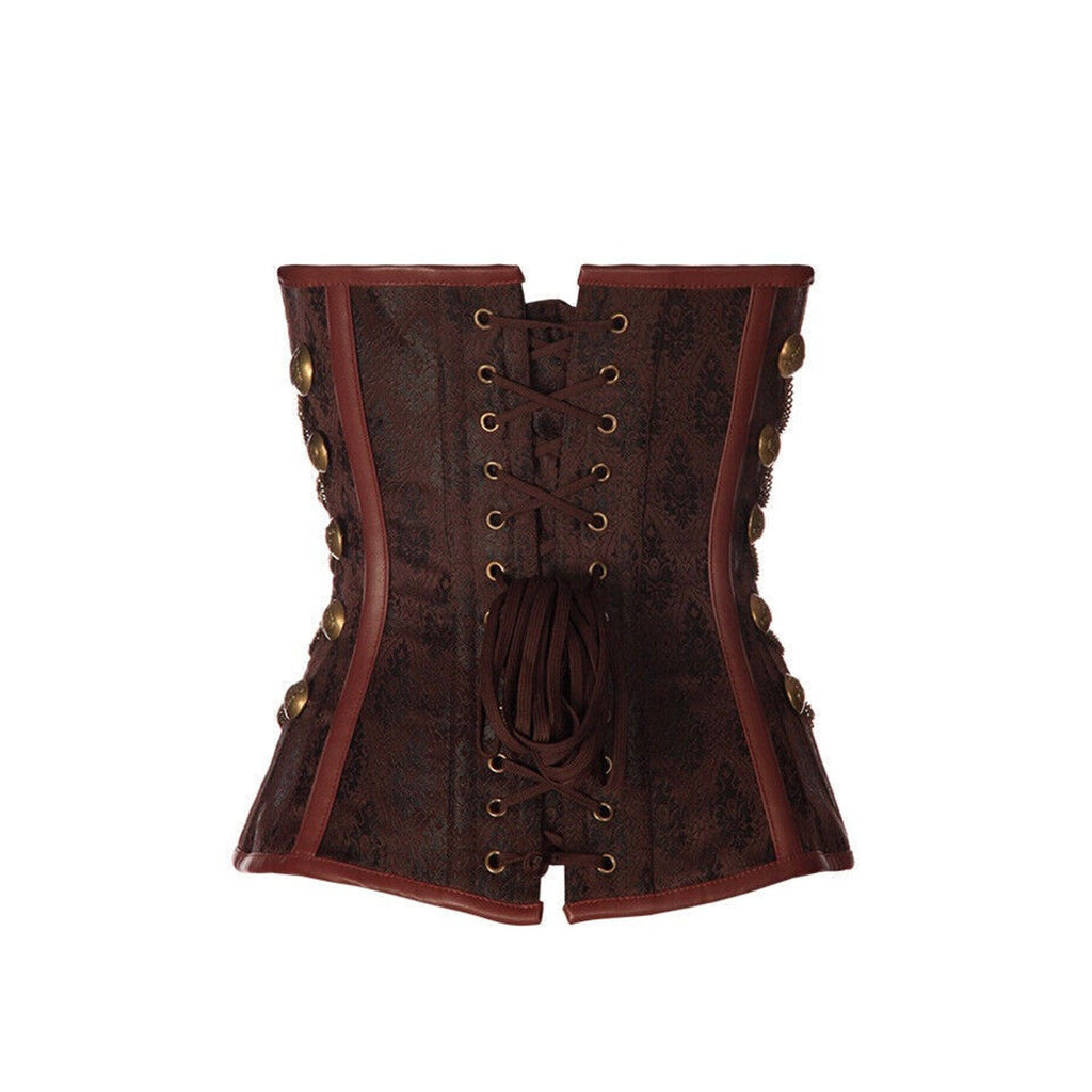 Steampunk Military Cosplay Heavy Steel Boned Brown Brocade Overbust Corset M