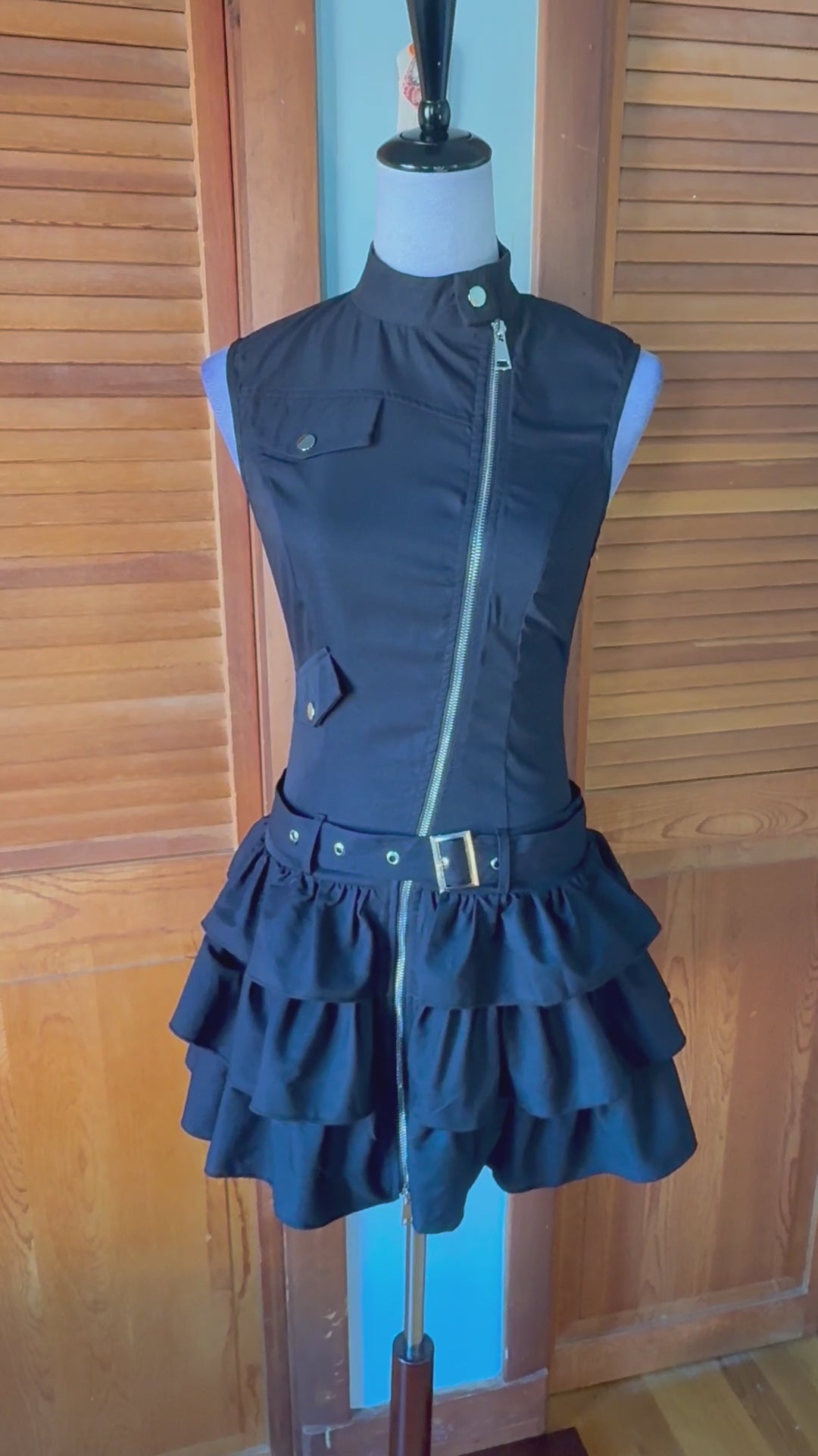 Punk Goth Lolita Cute x Military Black Zipper Halter Belted Mini Dress