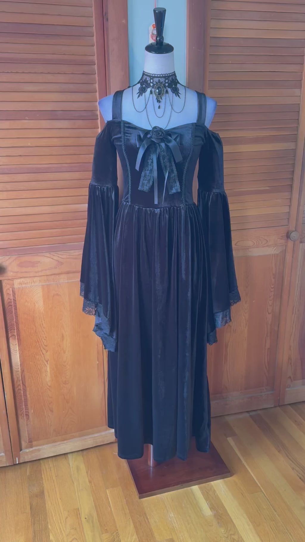 Gothic Victorian Black Out Velvet Morticia Belle Sleeve Rose Y2K Dress