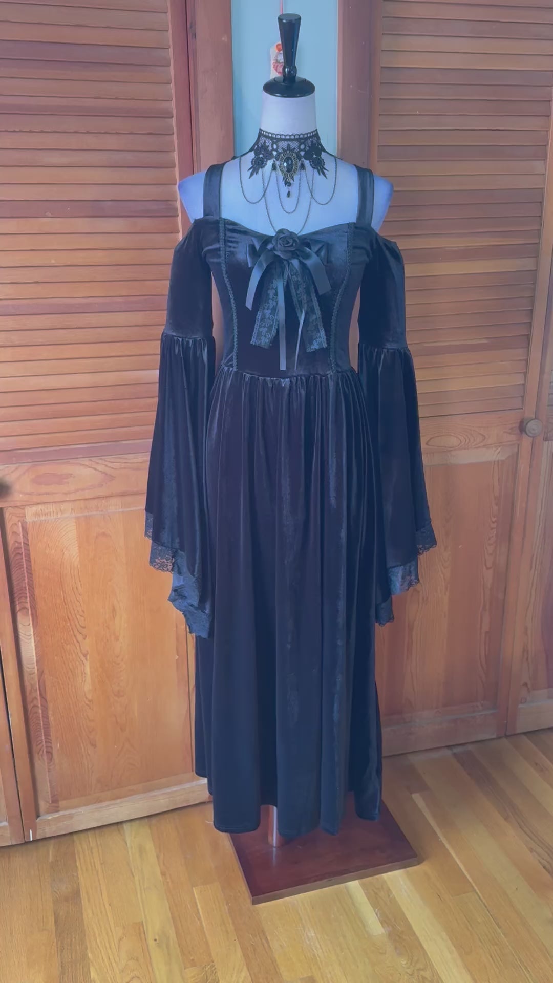 Gothic Victorian Black Out Velvet Morticia Belle Sleeve Rose Y2K Dress