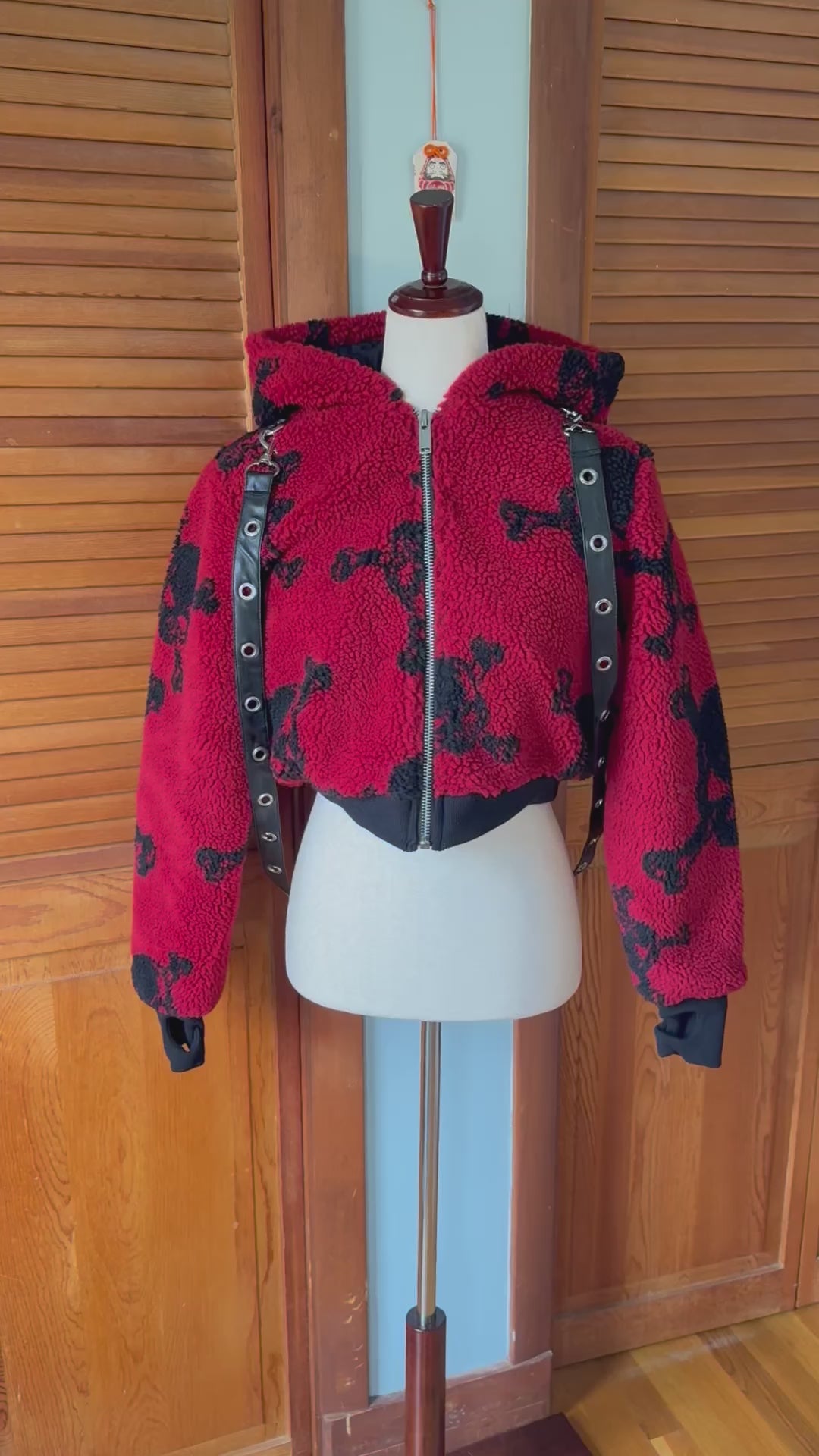 Dolls Kill Punk Goth Y2K Red Faux Fur Black Skull Bondage Strap Jacket
