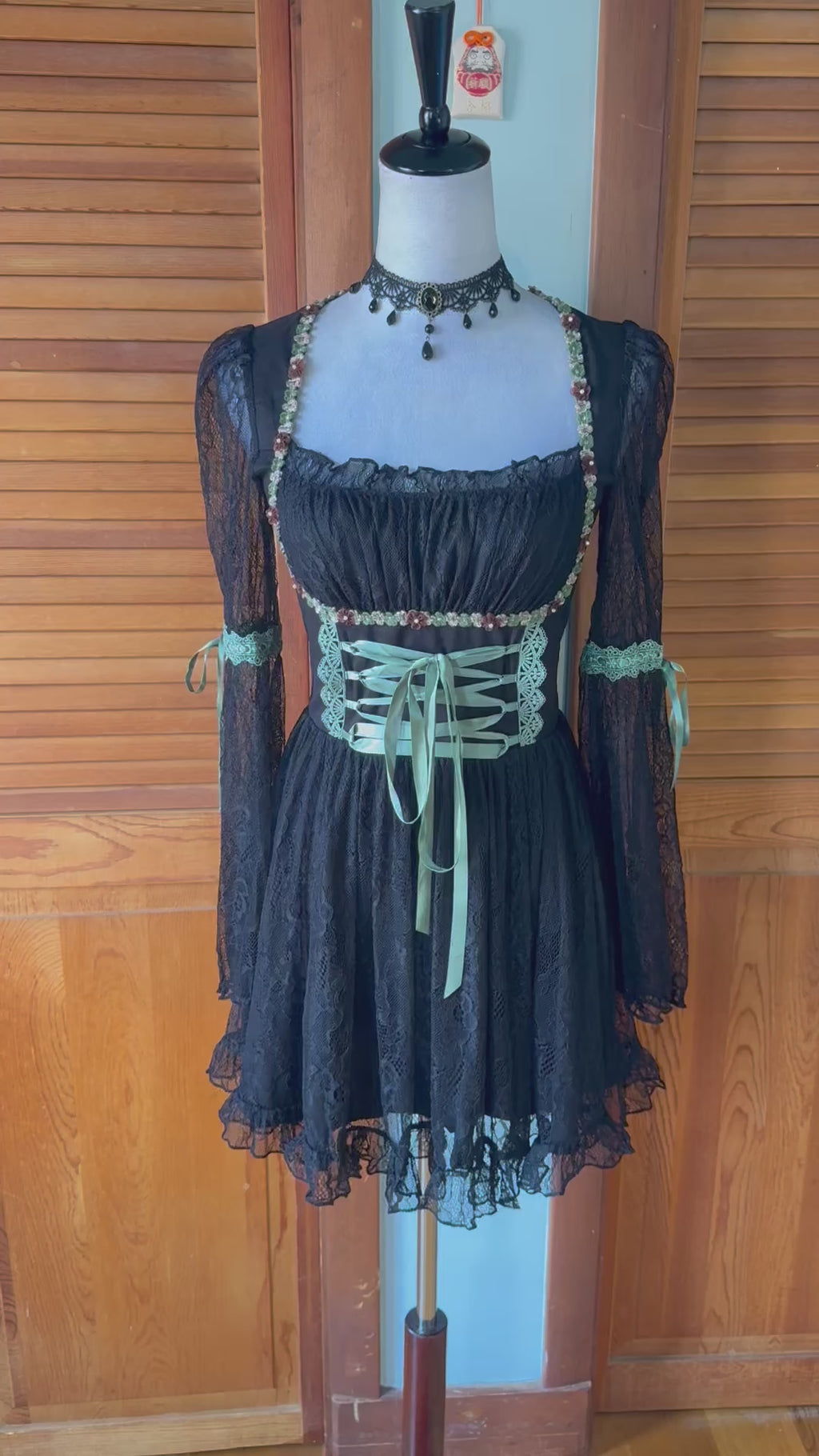 Gothic Fairy Dolls Kill Black Lace Green Lace Up Panel Dress