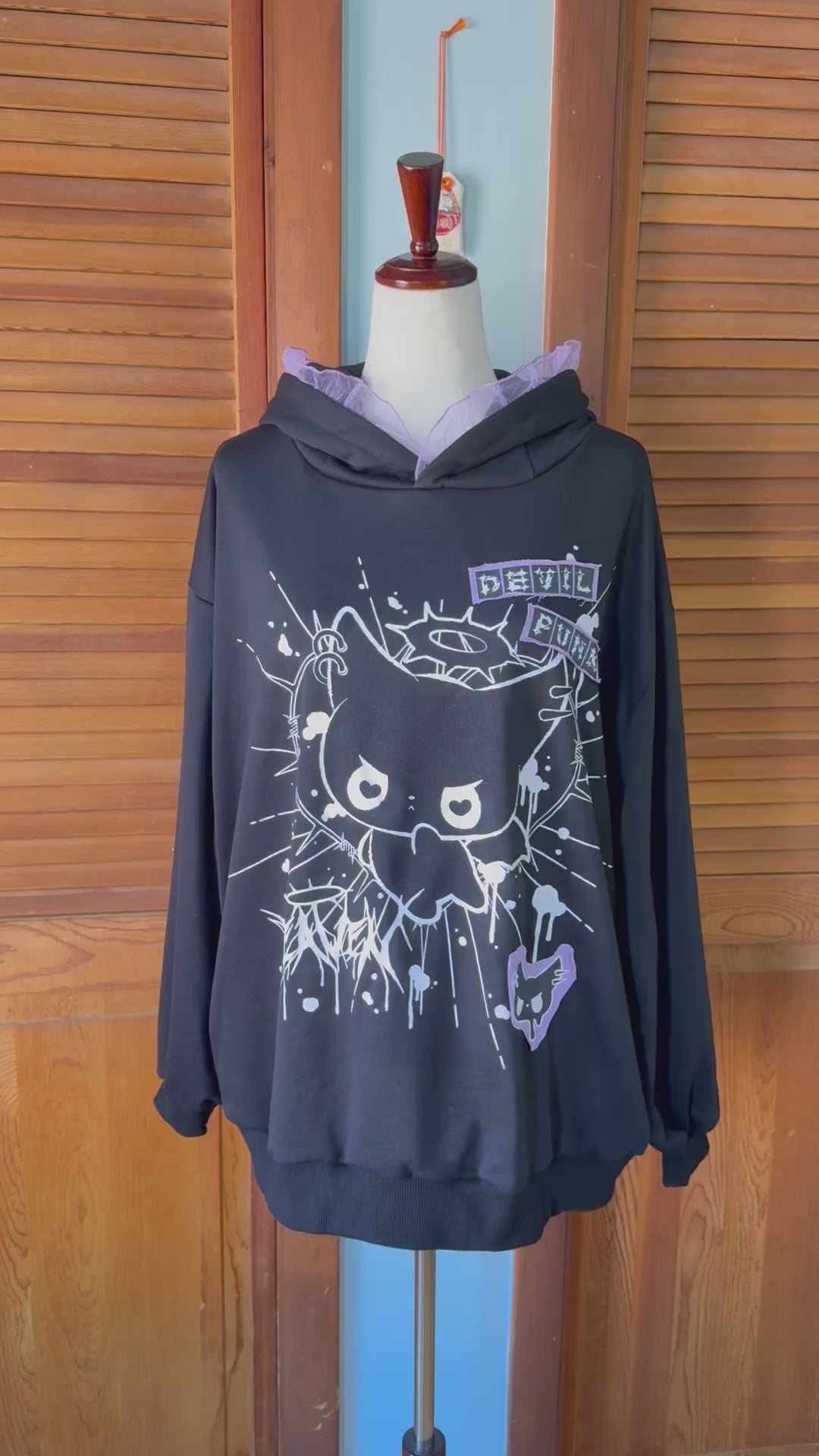 ACDC Rag Lolita EGL Yami Kawaii Devil Punk Kitty Cat Ears Black Hoodie Top