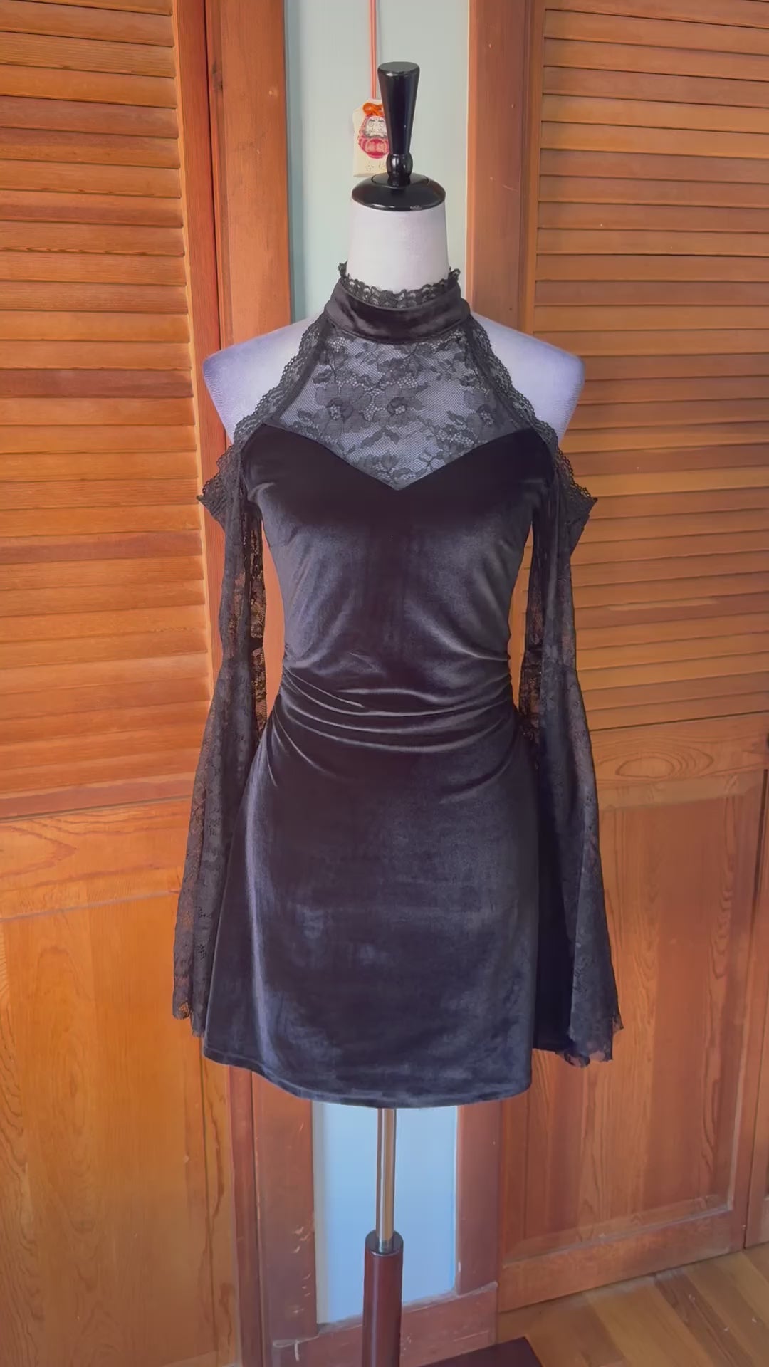 Gothic Victorian Vampire Dark Fairycore Velvet & Lace Bell Sleeve Mini Dress