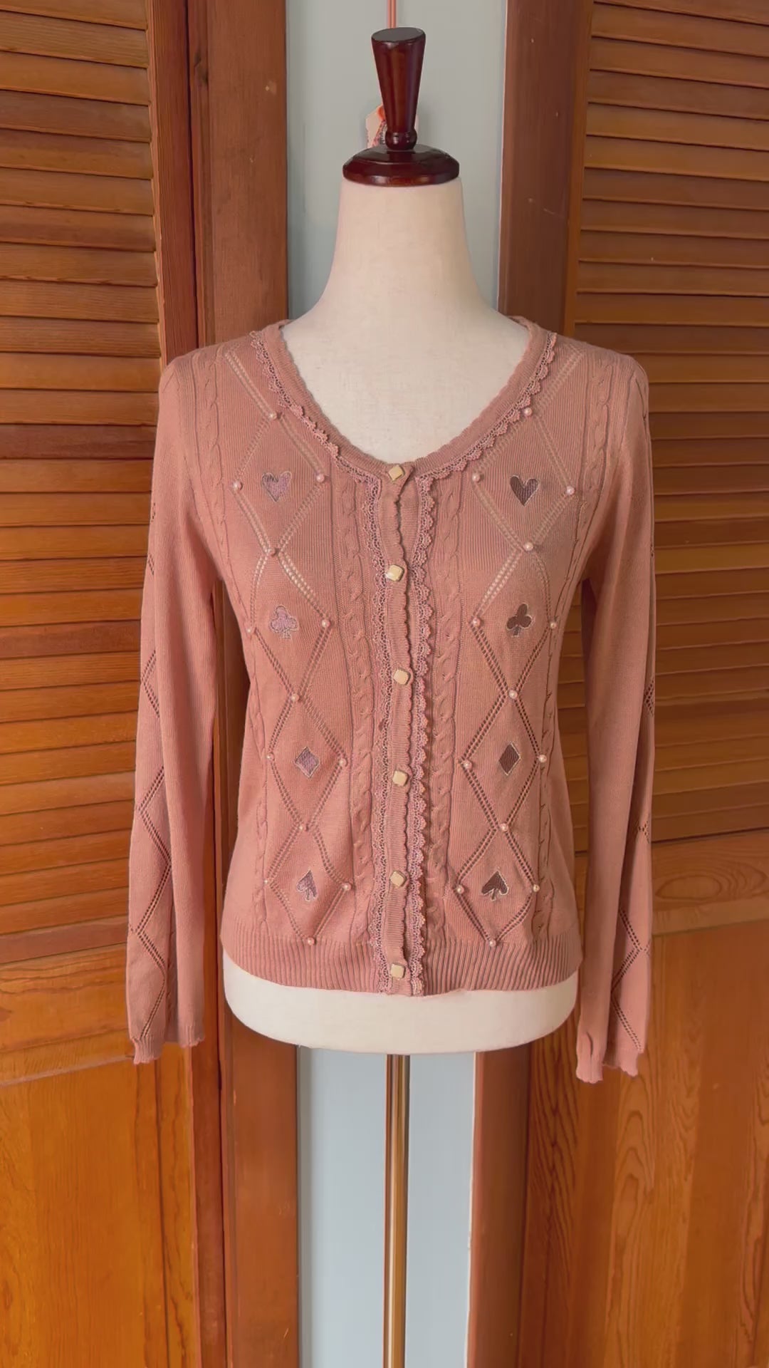 Axes Femme J-fashion Kawaii Dusty Pink Card Suits Pearls Cardigan Sweater M