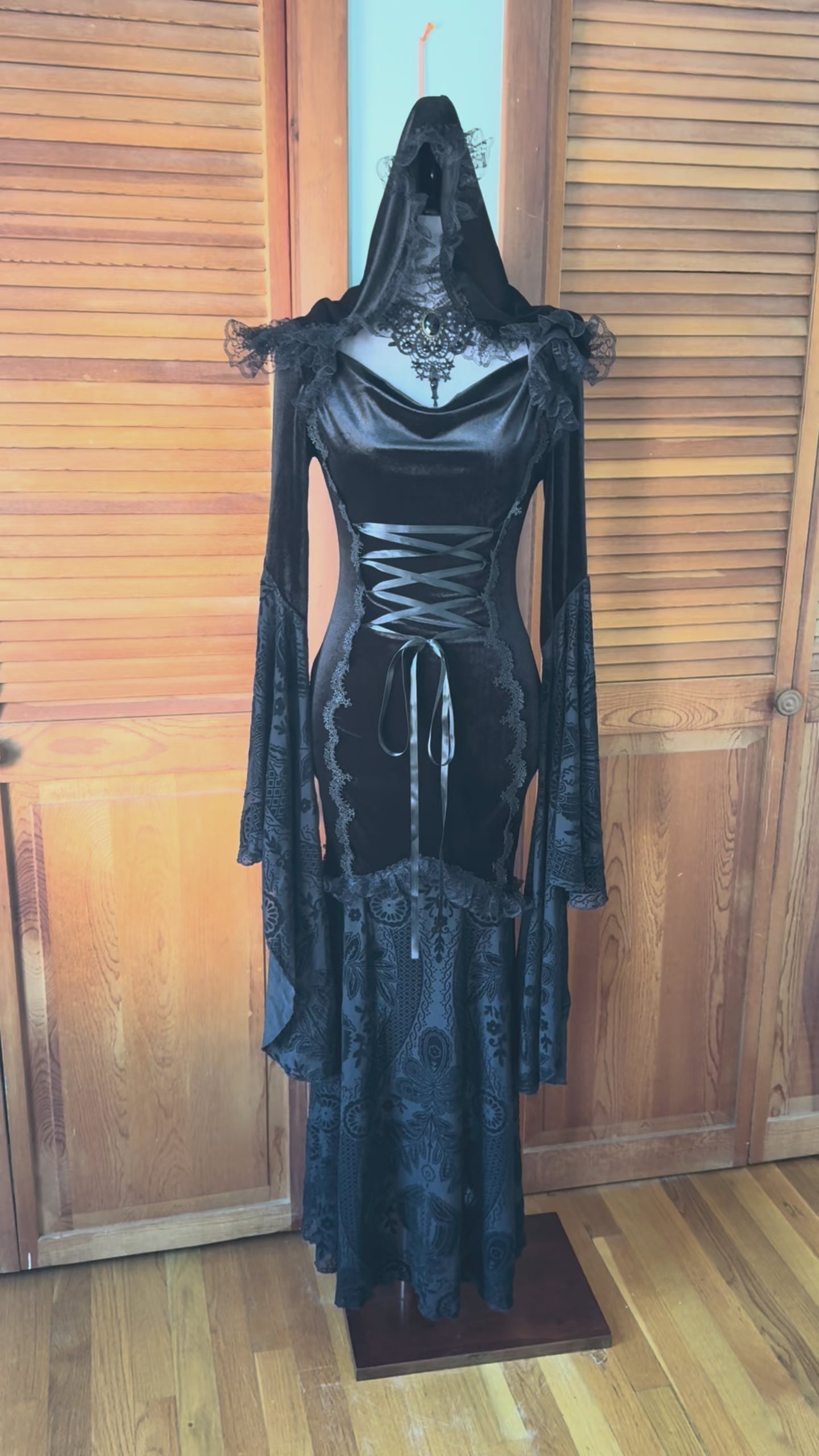 Gothic Victorian Vampire Witchcore Sabbath Night Out Black Velvet Hooded Dress