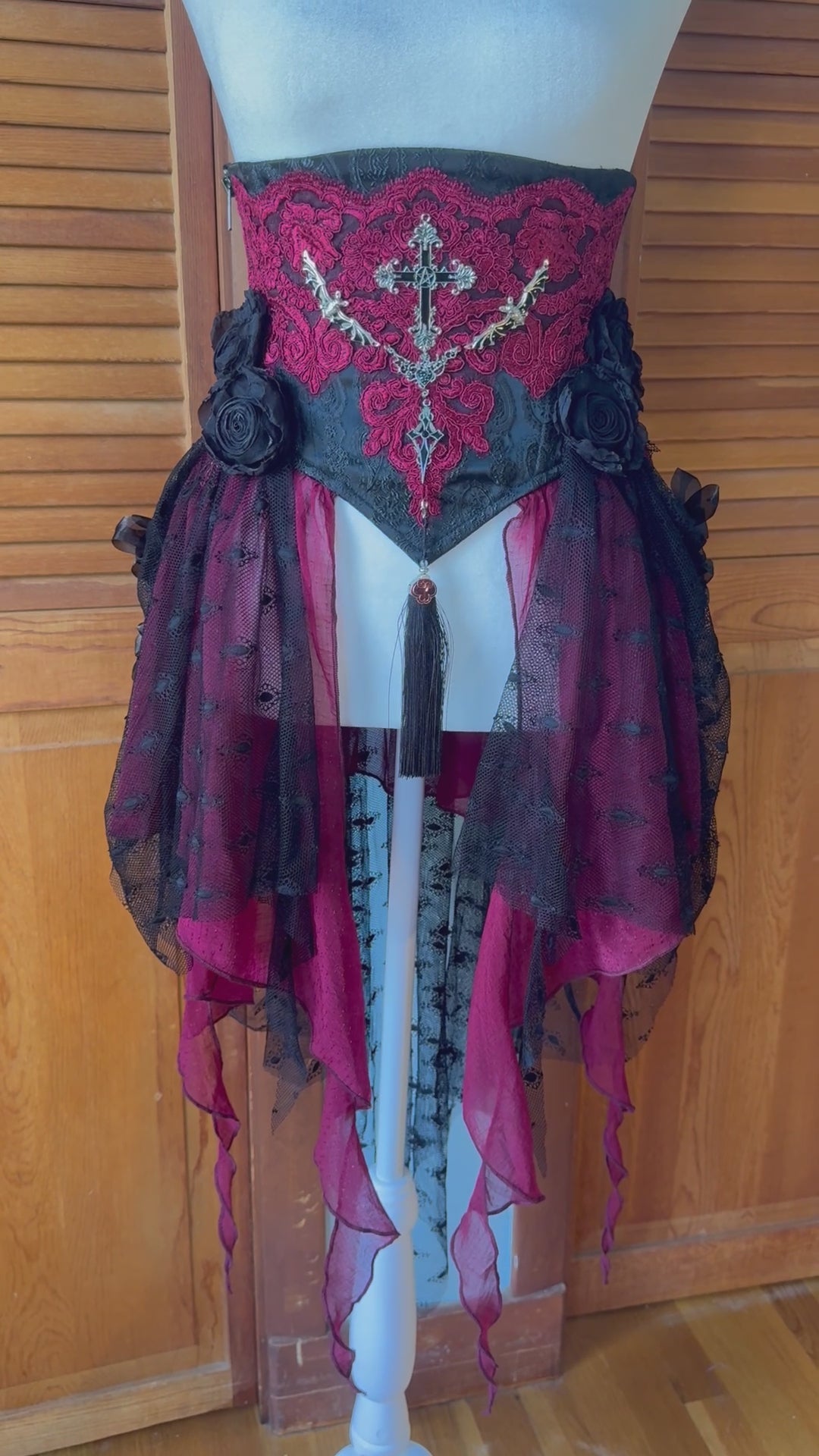 Devil Fashion Gothic Victorian Vampire Red Black Rose Cross Cincher Overskirt