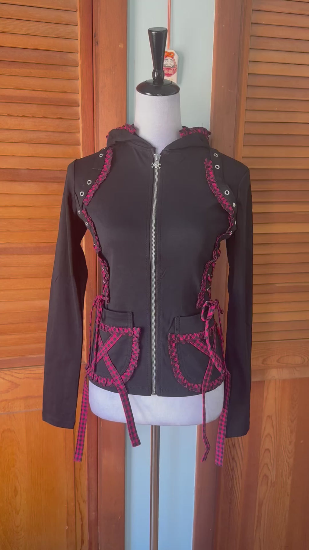 Tripp NYC Gothic Lolita Punk Black & Red Plaid Accents Lace-Up Sides Hoodie